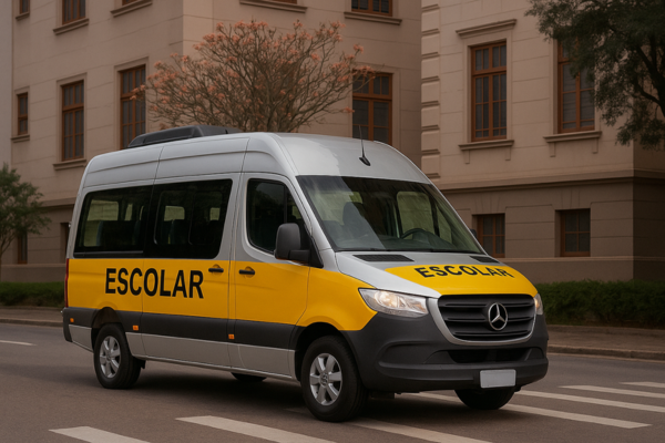 Van escolar Mercedes-Benz em rua urbana, representando os veículos atendidos pelo seguro para transporte escolar da Atenuar Seguros.
