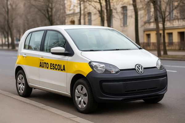 Volkswagen Up branco e amarelo de autoescola estacionado na rua