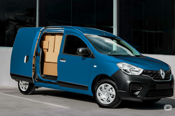 "Renault Kangoo azul com porta lateral aberta mostrando caixas de papelão, simbolizando o serviço de seguro para carros de frete e entregas da Atenuar Seguros."